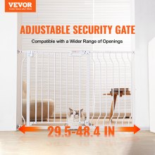 Poarta pentru copii VEVOR, 29,5"-48,4" Extra lată, 30" înălțime, Poartă pentru câini pentru scări, uși și casă, ușoară trecere prin pas prin închidere automată Poarta pentru copii Poarta de securitate pentru animale de companie cu kit de montare sub presiune și kit de montare pe perete, alb
