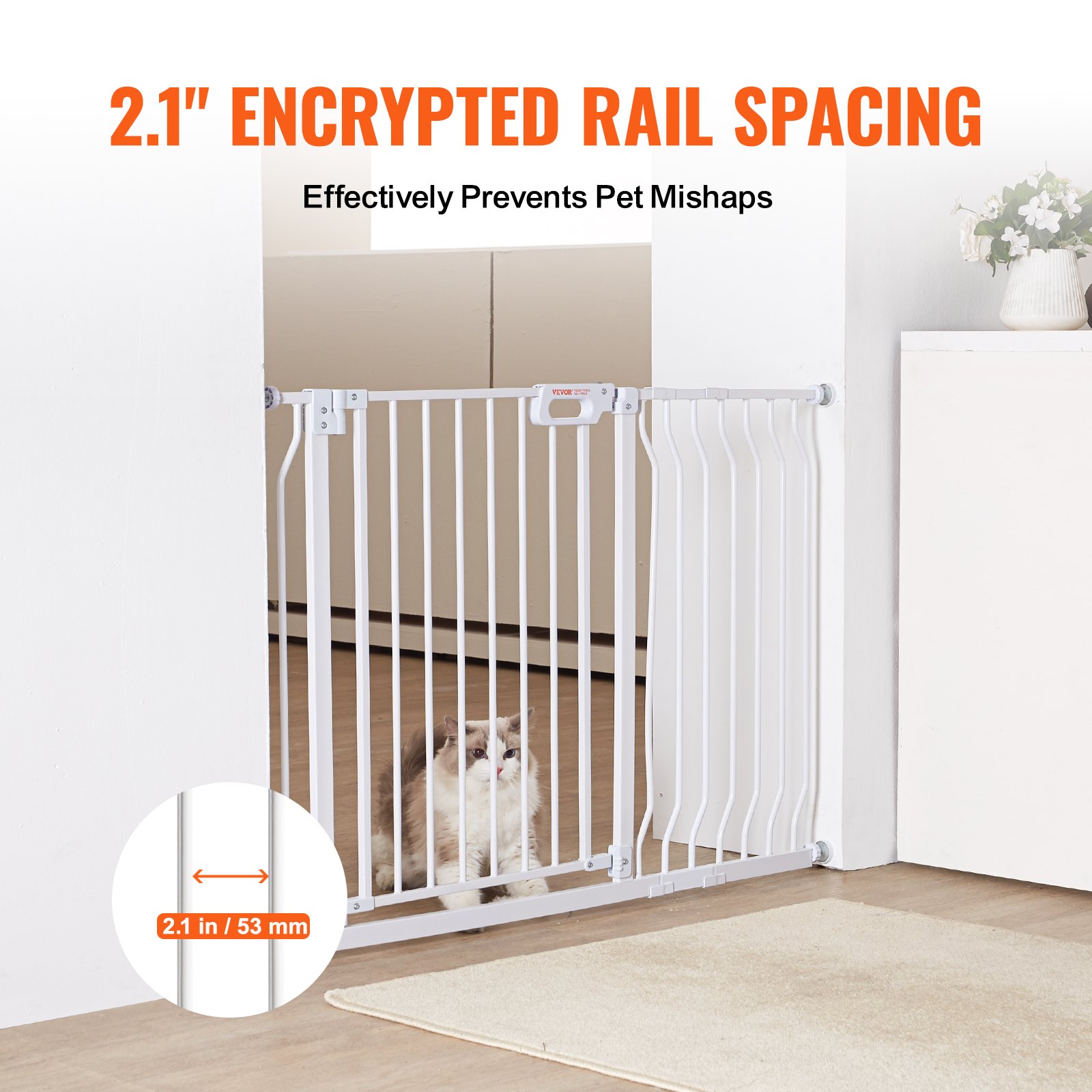 VEVOR baby gate with 2.1&quot; rail spacing preventing baby and pet accidents in a home setting.