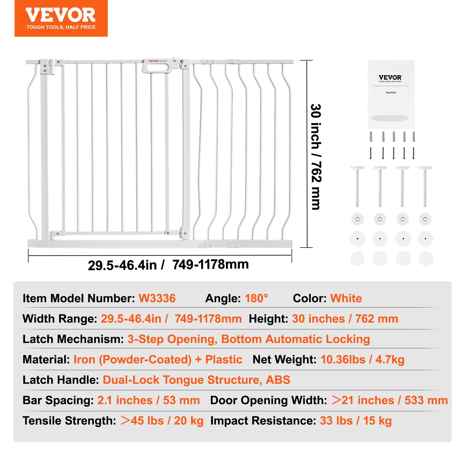 VEVOR baby gate, white, 30 inch height and adjustable width, with 3-step opening and dual-lock handle.