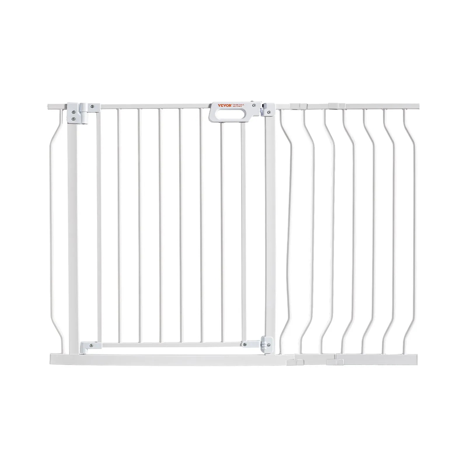 white VEVOR baby gate for child safety with secure latch mechanism and vertical bars.