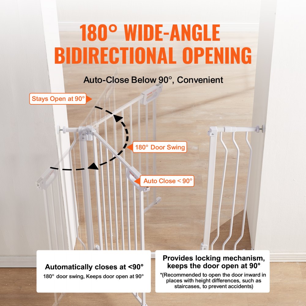 VEVOR baby gate with 180° wide-angle bidirectional opening, auto-close at &lt;90°, stays open at 90°.