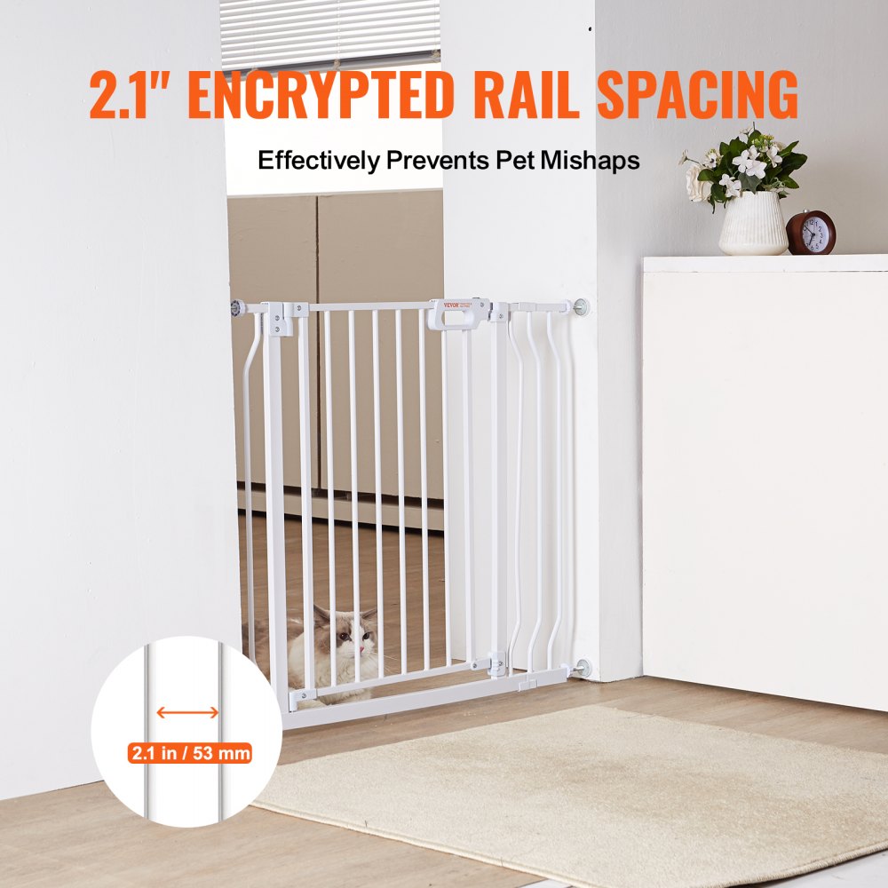 VEVOR baby gate with 2.1-inch encrypted rail spacing preventing baby head entrapment and pet mishaps.