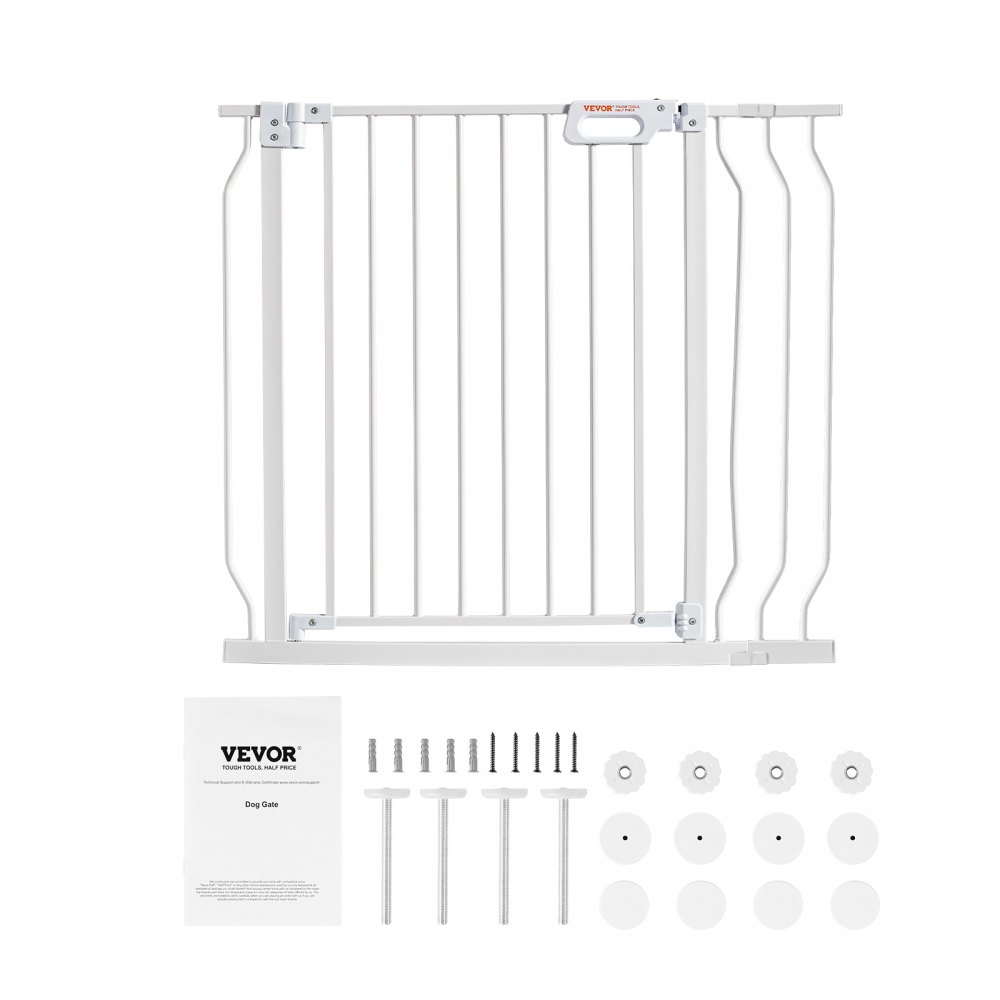 white VEVOR baby gate with installation hardware and manual included.