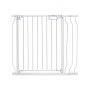 white VEVOR baby gate with vertical slats and secure locking mechanism.