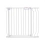 white VEVOR baby gate with vertical bars and latch system.