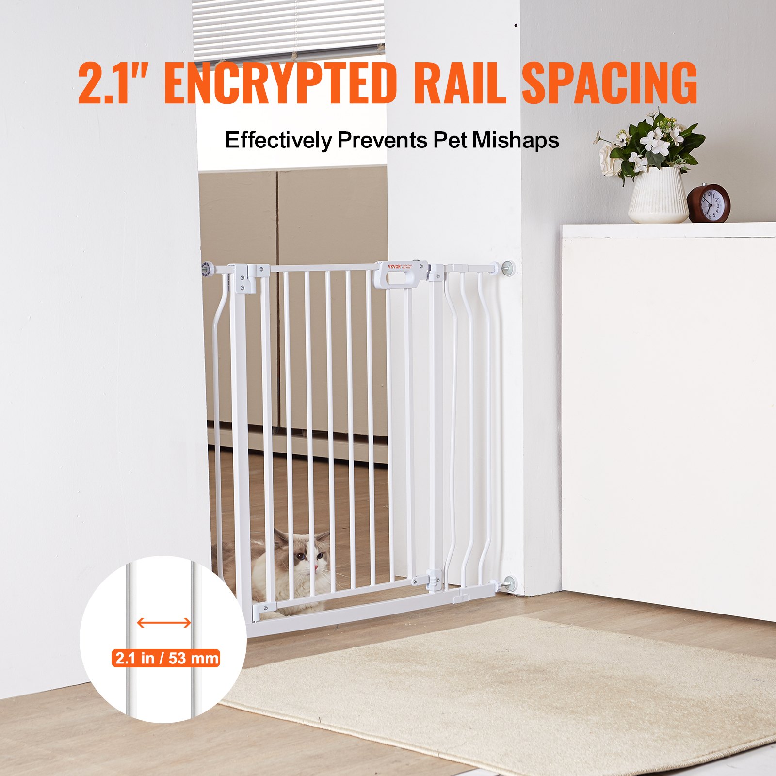 VEVOR baby gate with 2.1-inch encrypted rail spacing preventing baby head entrapment and pet mishaps.