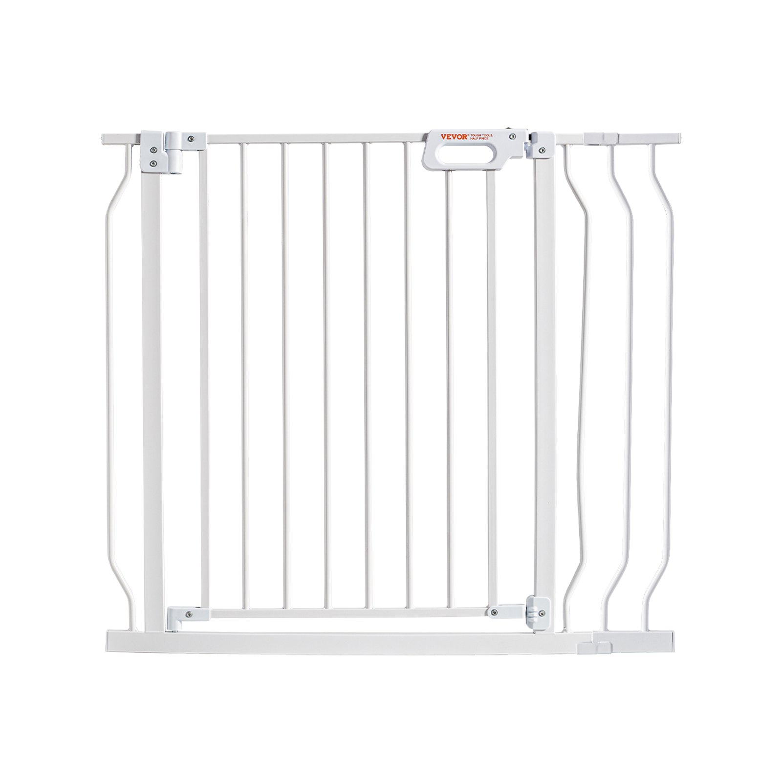 white VEVOR baby gate with vertical bars and secure latch.