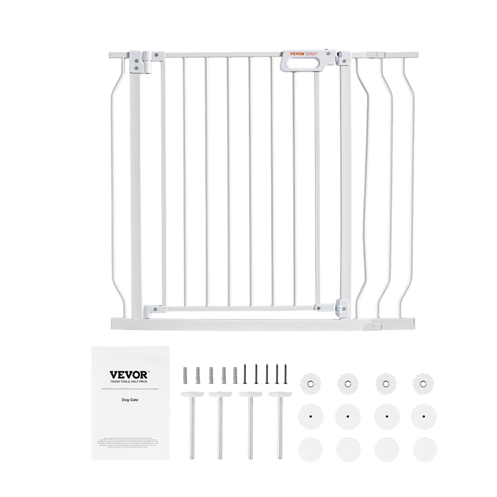 white VEVOR baby gate with installation hardware and manual included.