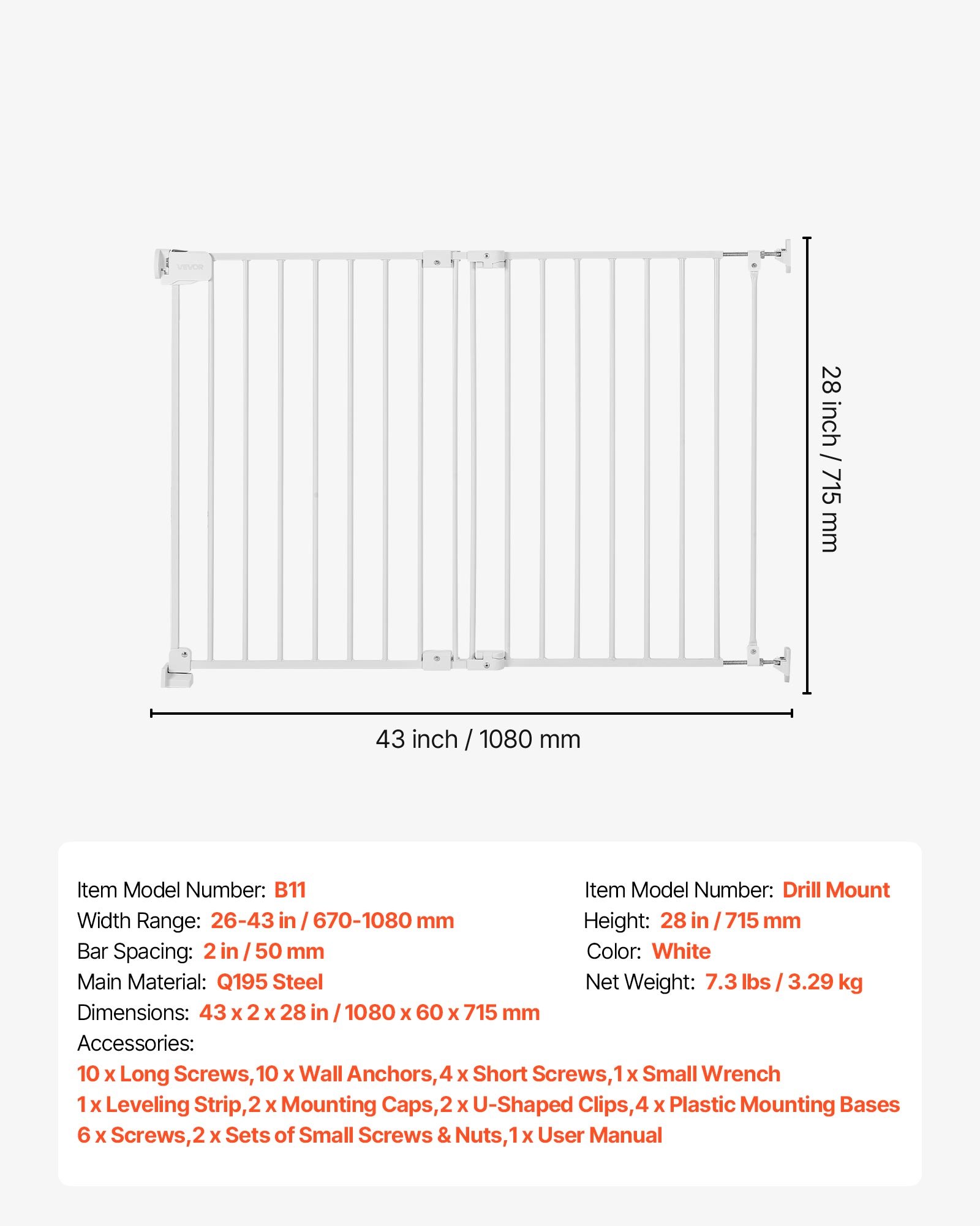 VEVOR Baby Gate for Stairs, 670-1080 mm Adjustable Width, 715 mm High Dog Gate, No Bottom Bar, One-Handed Operation, Easy Drilling Installation with Hardware Kit, for Stairs, Doorways, and House