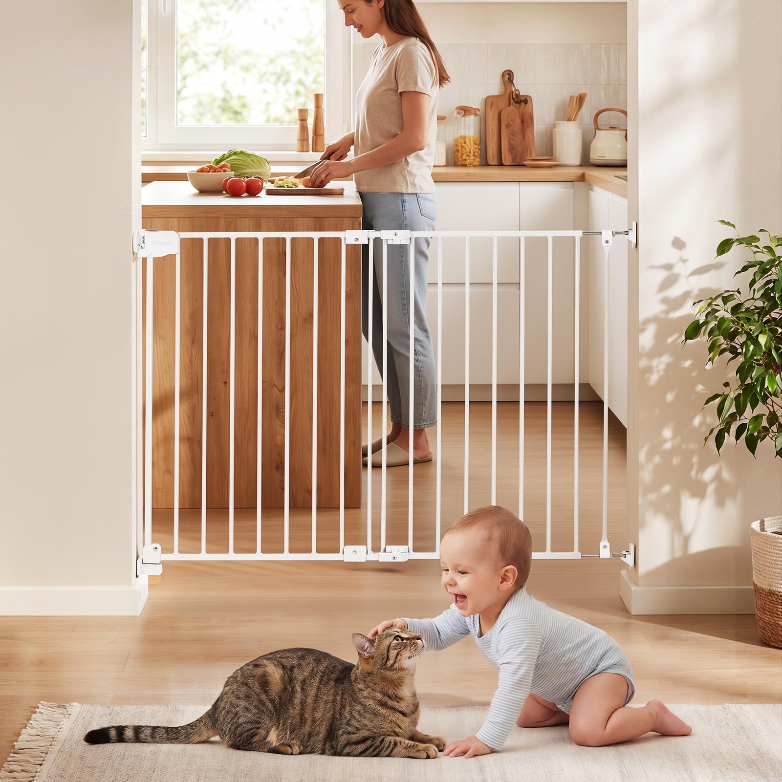 VEVOR Baby Gate for Stairs, 670-1080 mm Adjustable Width, 715 mm High Dog Gate, No Bottom Bar, One-Handed Operation, Easy Drilling Installation with Hardware Kit, for Stairs, Doorways, and House