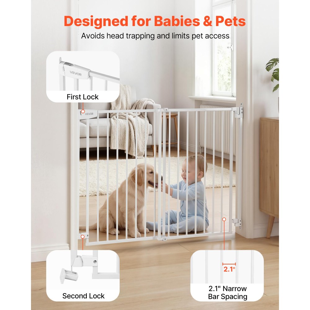 VEVOR Baby Gate for Stairs, 778-1210 mm Adjustable Width, 760 mm High Dog Gate, No Bottom Bar, One-Handed Operation, Easy Drilling Installation with Hardware Kit, for Stairs, Doorways, House, White