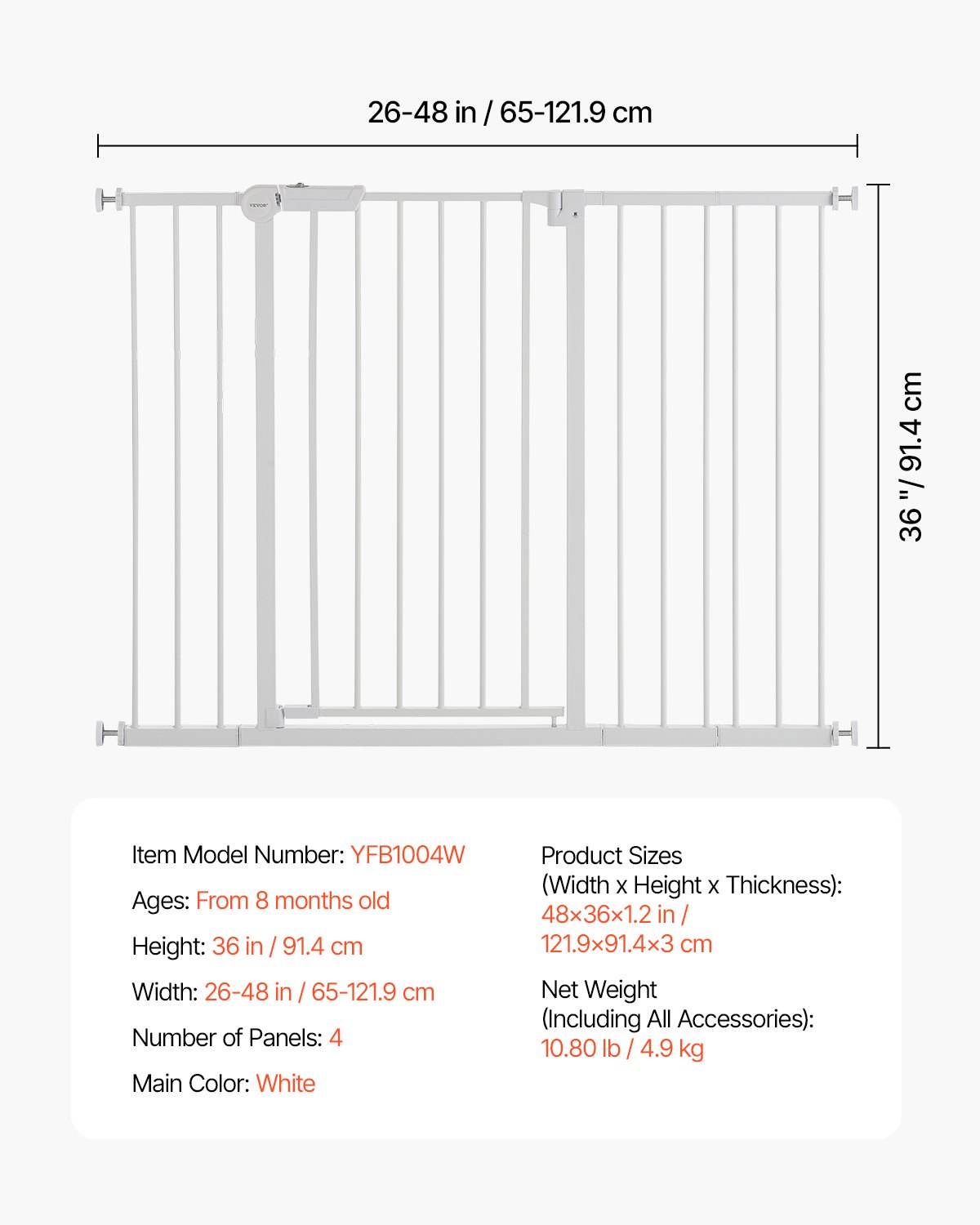 VEVOR Baby Gate, 26-48 Inches Adjustable Width, 36 Inches High Dog Gate, Easy Step Walk Thru, for Child Pet Security, Pressure Mount Kit, Wall Cups, One-Hand Open, for Stairs and Doorways, White