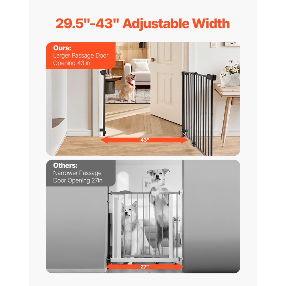 VEVOR Baby Gate, 29.5-43 Inches Adjustable Width, 28 Inches High Dog Gate, No Threshold Bar, Easy Step Walk Thru, for Child Pet Security, with Screws, One-Hand Open, for Stairs and Doorways, Black