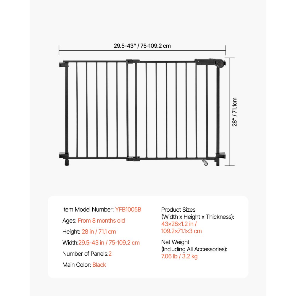 VEVOR Baby Gate, 29.5-43 Inches Adjustable Width, 28 Inches High Dog Gate, No Threshold Bar, Easy Step Walk Thru, for Child Pet Security, with Screws, One-Hand Open, for Stairs and Doorways, Black