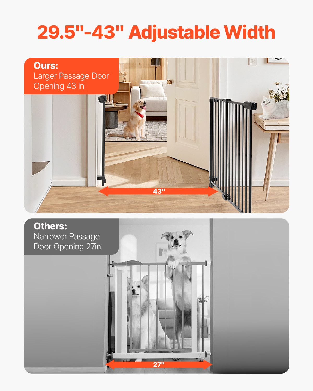 VEVOR Baby Gate, 29.5-43 Inches Adjustable Width, 28 Inches High Dog Gate, No Threshold Bar, Easy Step Walk Thru, for Child Pet Security, with Screws, One-Hand Open, for Stairs and Doorways, Black