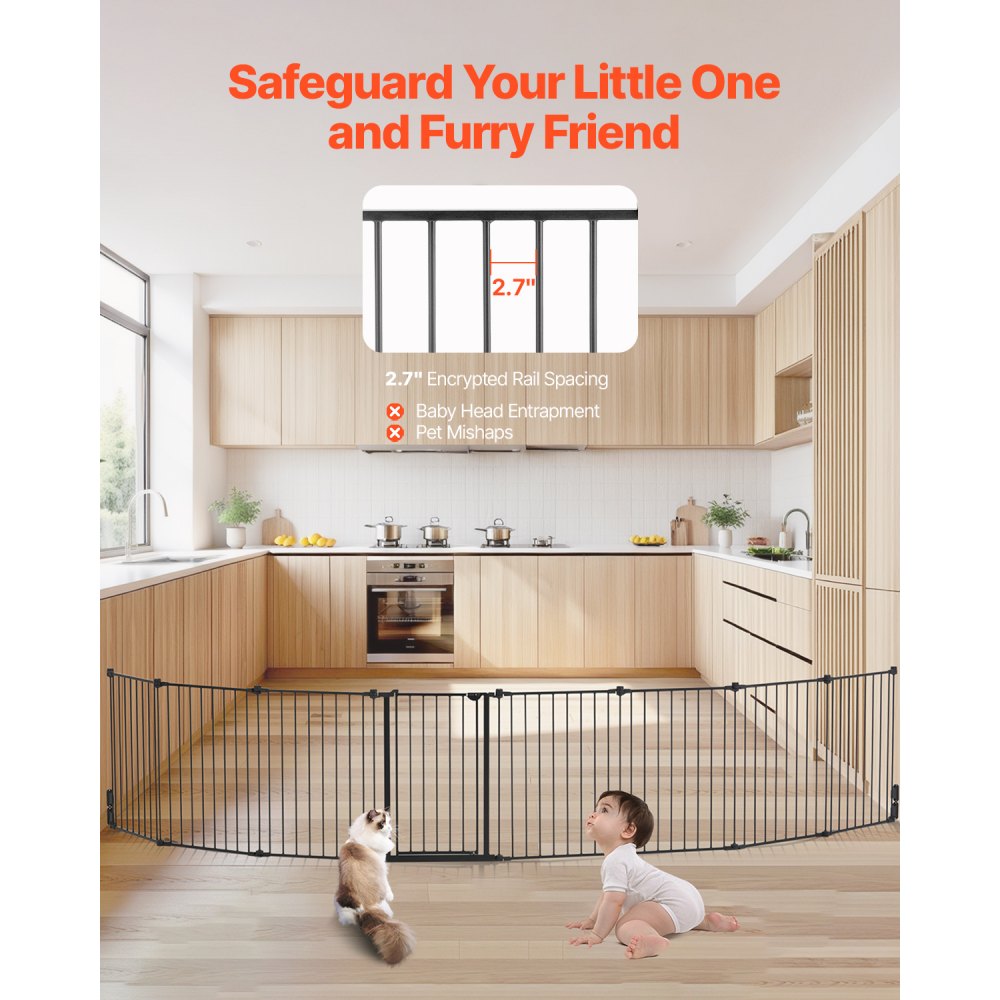 VEVOR Baby Gate, 192 Inches Extra Wide, 28 Inches High 8-Panel Foldable Dog Gate, for Child Pet Security, One-Hand Open, Install Between Two Walls or As a Fence, for Stairs and Doorways, Black