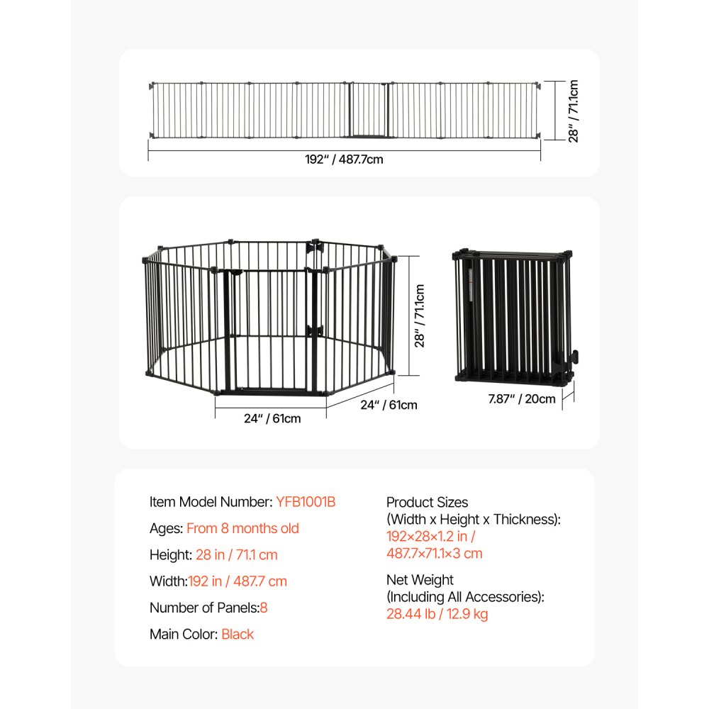 VEVOR Baby Gate, 192 Inches Extra Wide, 28 Inches High 8-Panel Foldable Dog Gate, for Child Pet Security, One-Hand Open, Install Between Two Walls or As a Fence, for Stairs and Doorways, Black