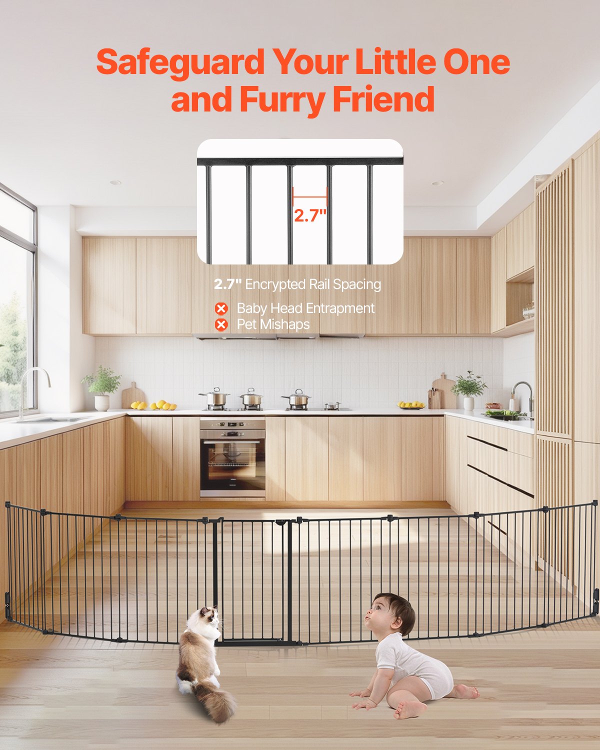 VEVOR Baby Gate, 192 Inches Extra Wide, 28 Inches High 8-Panel Foldable Dog Gate, for Child Pet Security, One-Hand Open, Install Between Two Walls or As a Fence, for Stairs and Doorways, Black