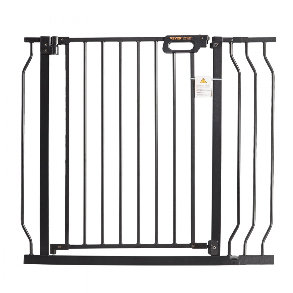 black VEVOR baby gate with vertical bars and safety latch.