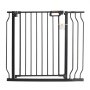 VEVOR baby gate in black with vertical bars and safety lock mechanism.
