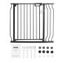 VEVOR baby gate in black with installation hardware and instructions.