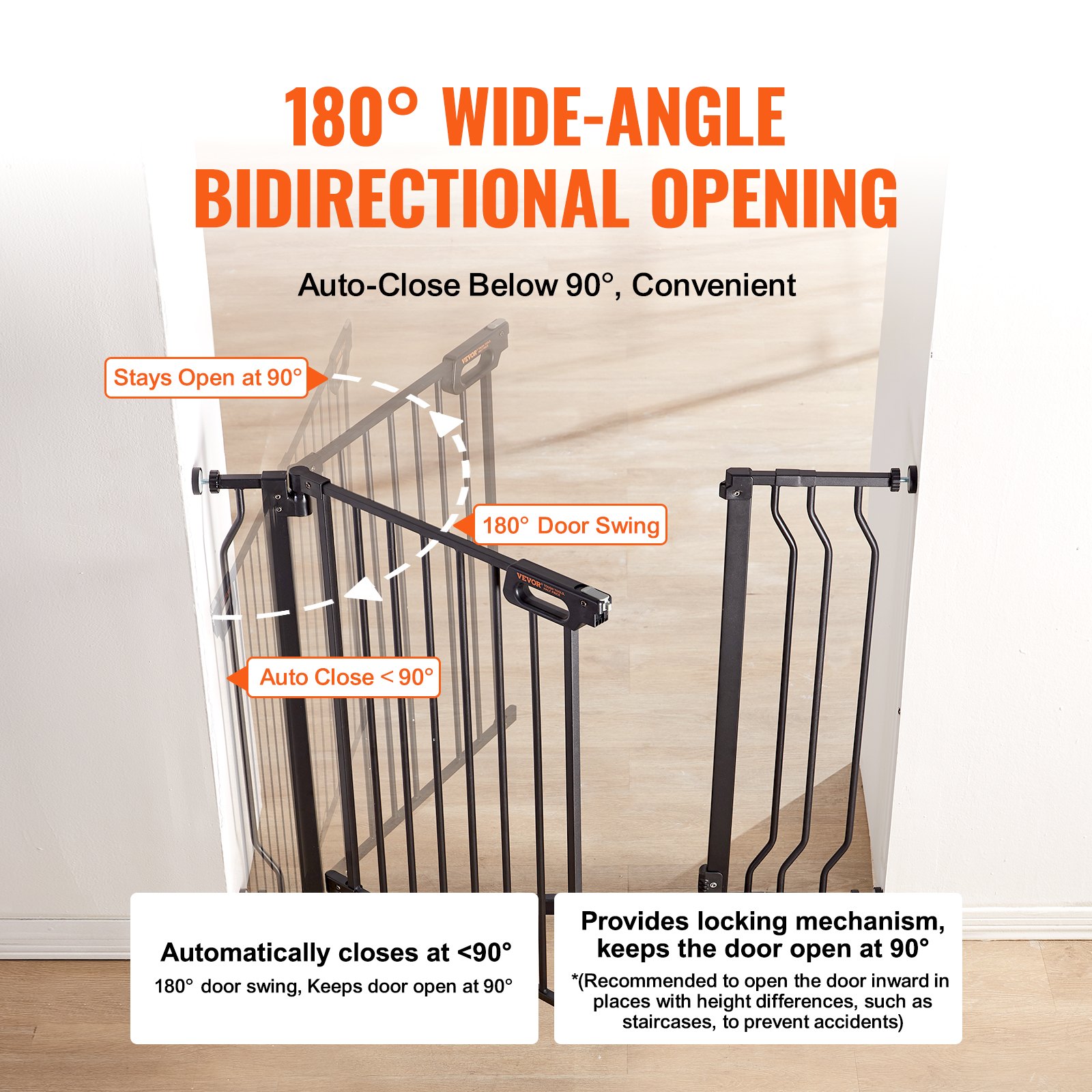 VEVOR baby gate with 180° wide-angle bidirectional opening and auto-close below 90°, stays open at 90°.