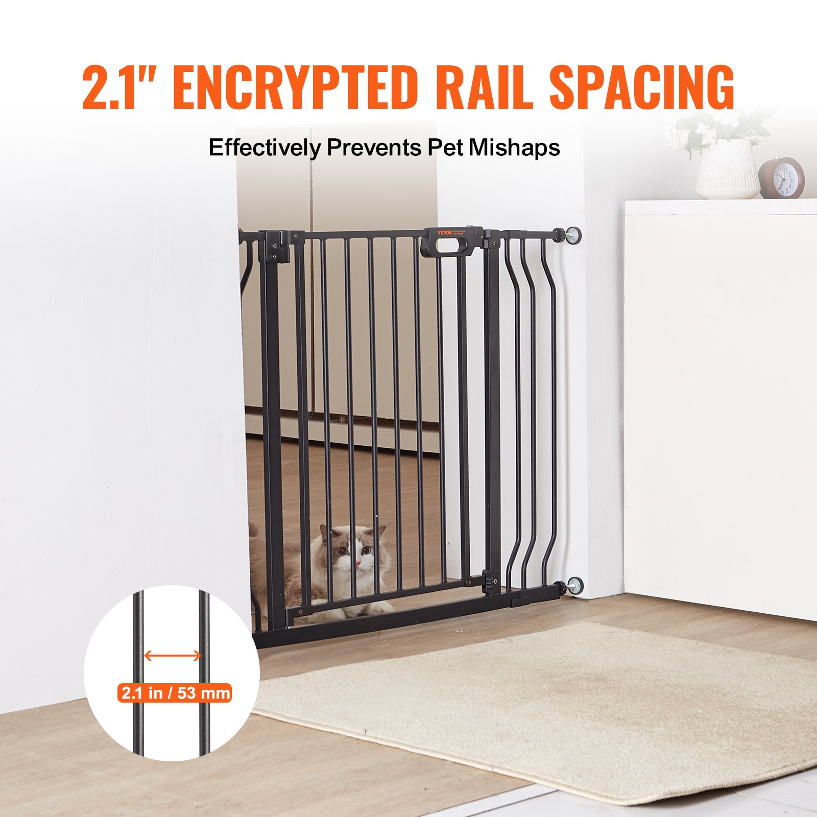 VEVOR baby gate with 2.1-inch encrypted rail spacing, a child on one side, and a cat on the other side.