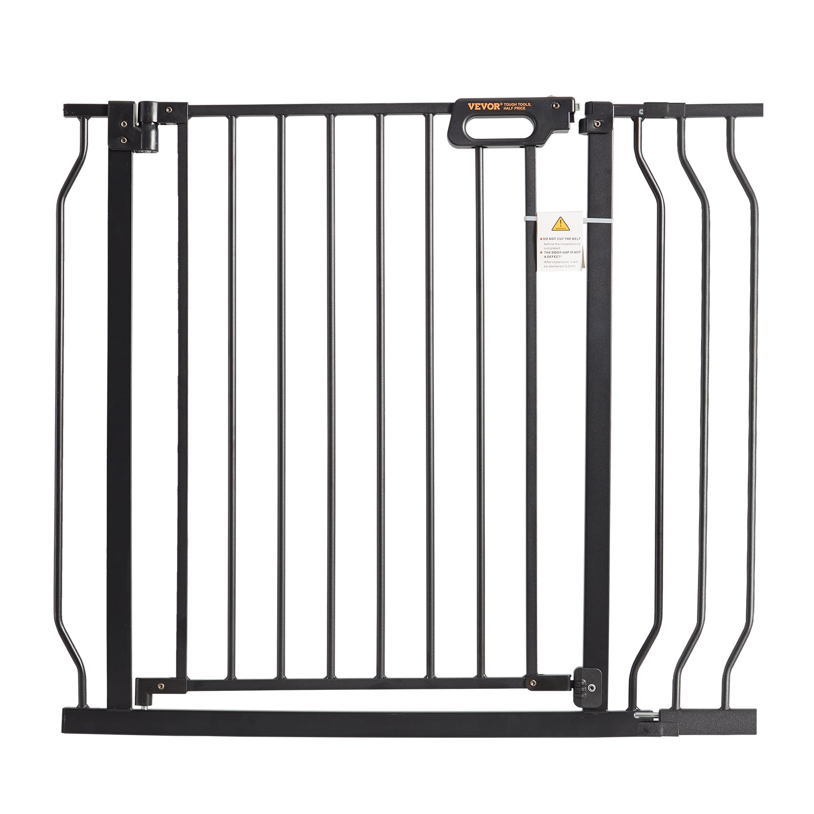 VEVOR baby gate in black with vertical bars and safety lock mechanism.