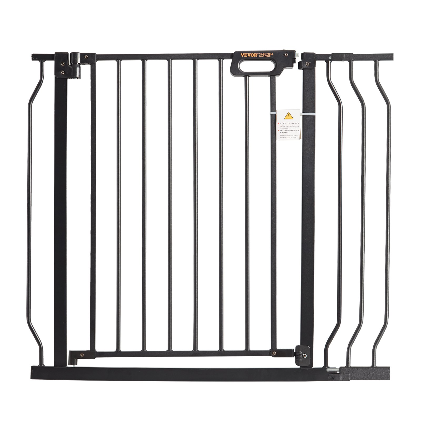 VEVOR baby gate with black metal frame and secure latch door.