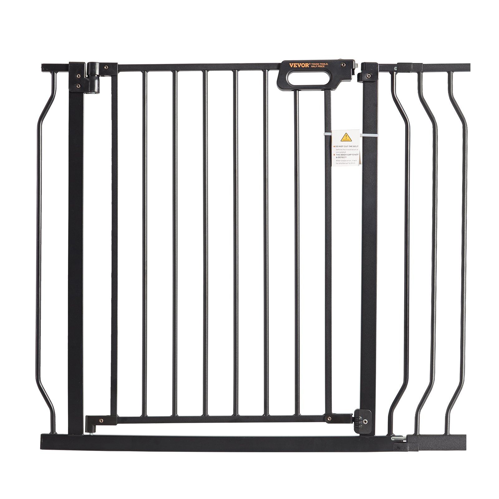 black VEVOR baby gate with vertical bars and safety latch.