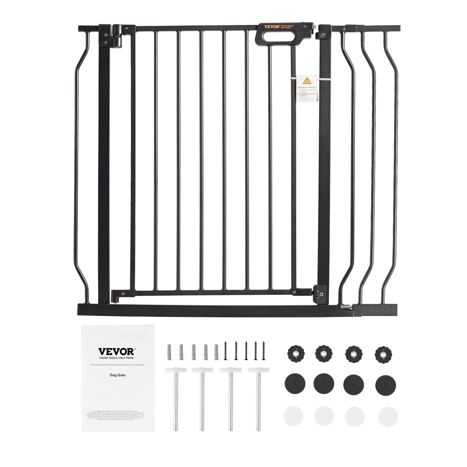 VEVOR baby gate in black with installation hardware and instructions.