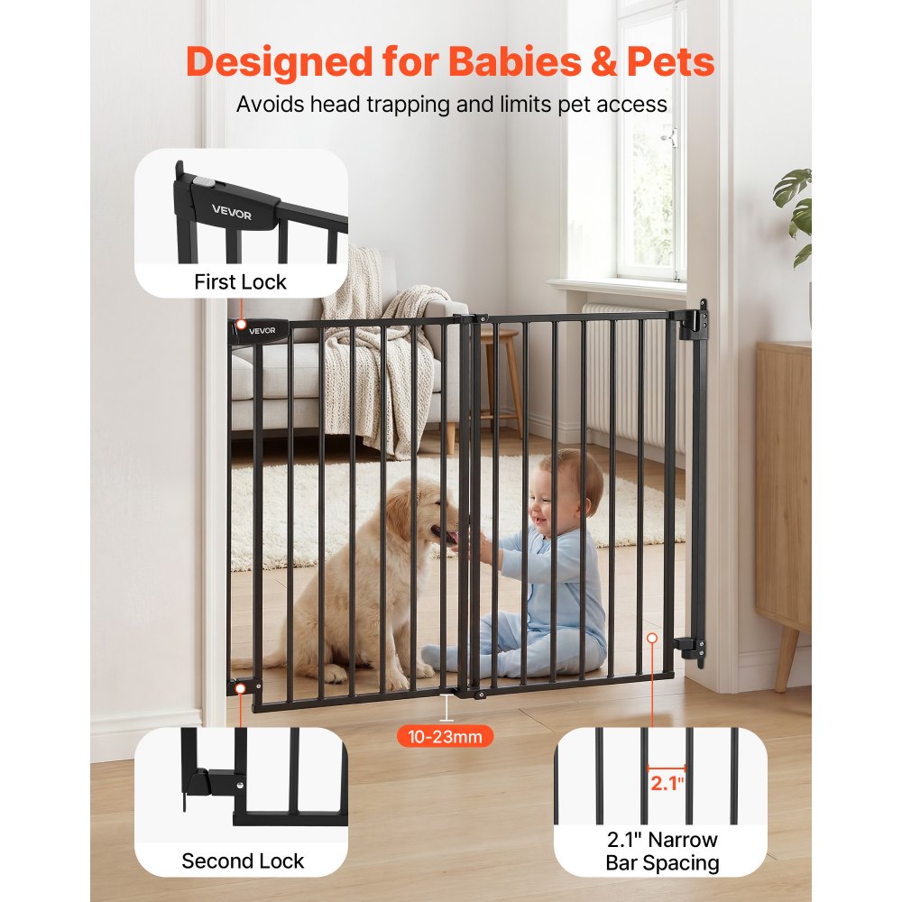 VEVOR Baby Gate for Stairs, 720-1085 mm Adjustable Width, 760 mm High Dog Gate, No Bottom Bar, One-Handed Operation, Easy Drilling Installation with Hardware Kit, for Stairs, Doorways, House, Black