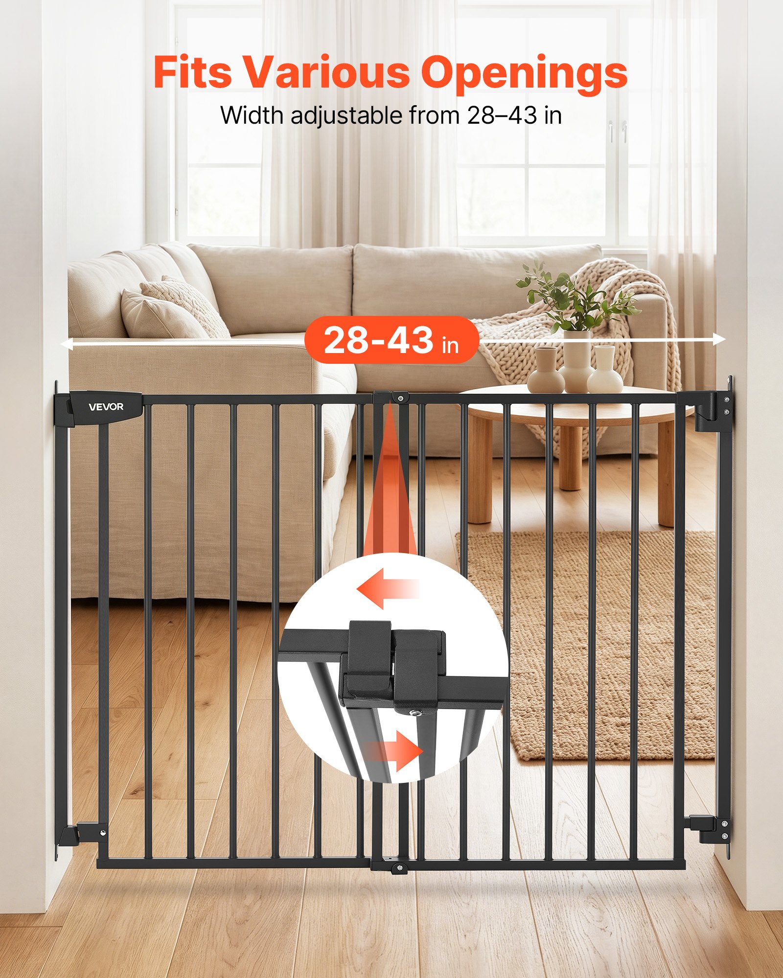 VEVOR Baby Gate for Stairs, 720-1085 mm Adjustable Width, 760 mm High Dog Gate, No Bottom Bar, One-Handed Operation, Easy Drilling Installation with Hardware Kit, for Stairs, Doorways, House, Black