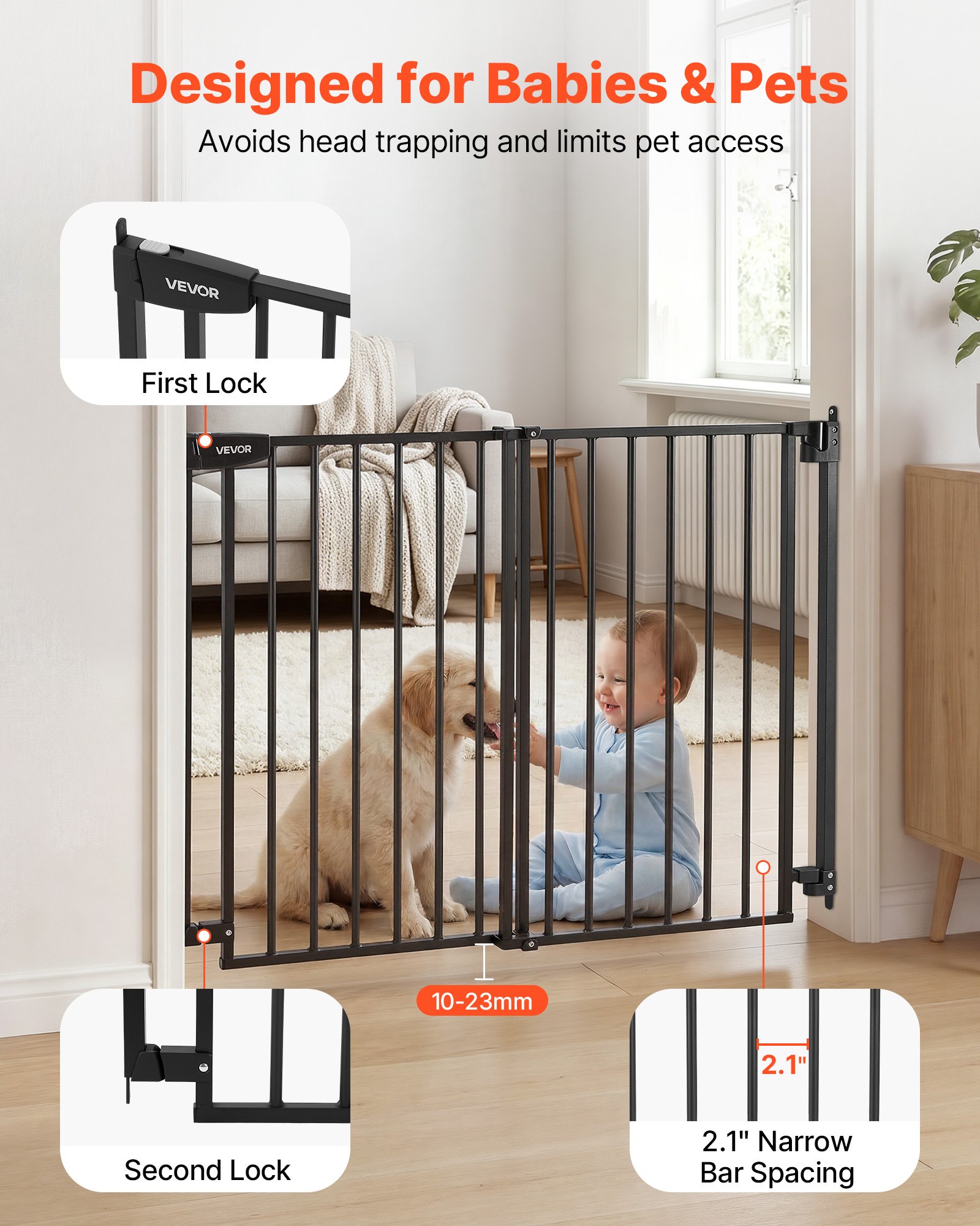 VEVOR Baby Gate for Stairs, 720-1085 mm Adjustable Width, 760 mm High Dog Gate, No Bottom Bar, One-Handed Operation, Easy Drilling Installation with Hardware Kit, for Stairs, Doorways, House, Black