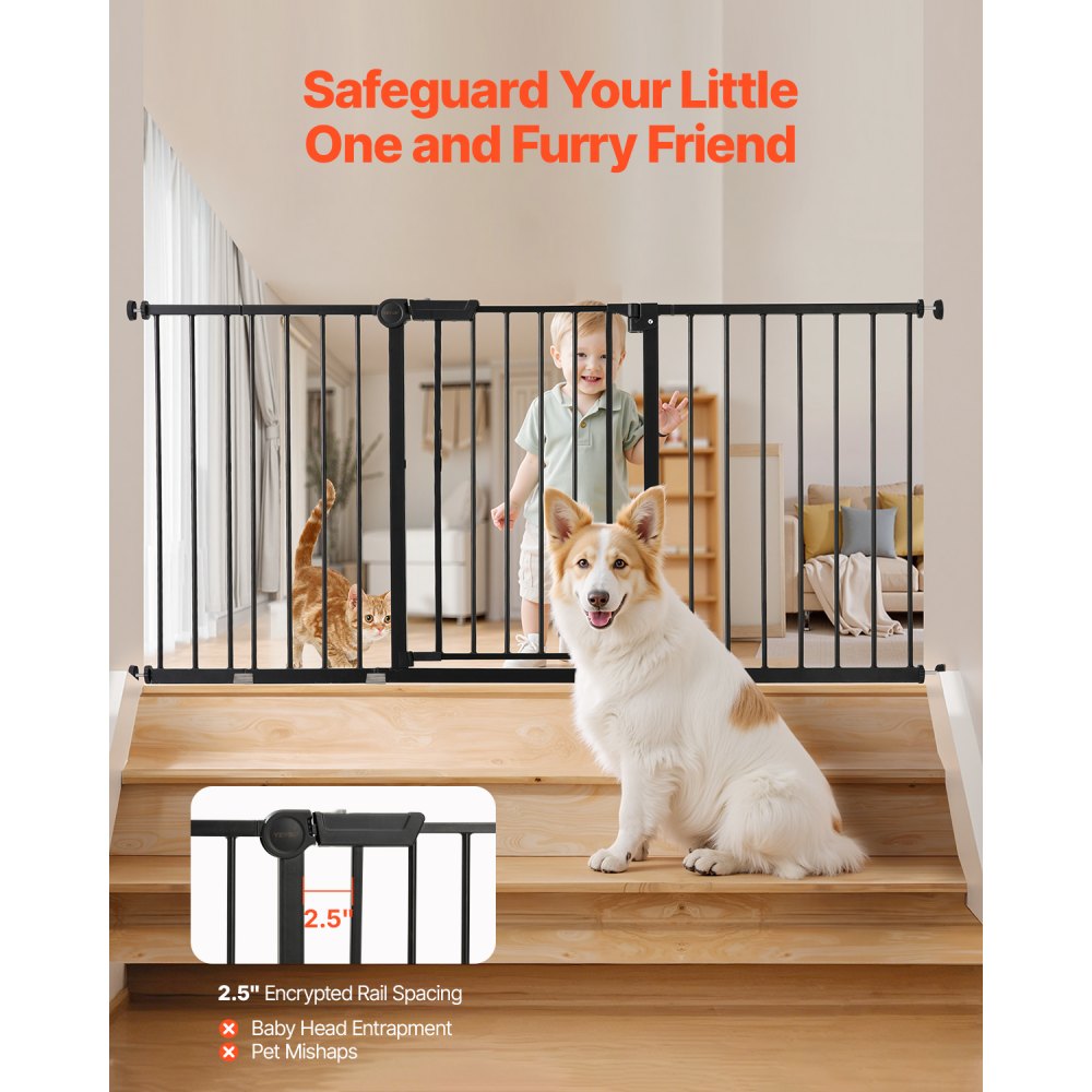 VEVOR Baby Gate, 60.6-63.3 Inches Adjustable Width, 30 Inches High Dog Gate, Easy Step Walk Thru, for Child Pet Security, Pressure Mount Kit, Wall Cups, One-Hand Open, for Stairs and Doorways, Black