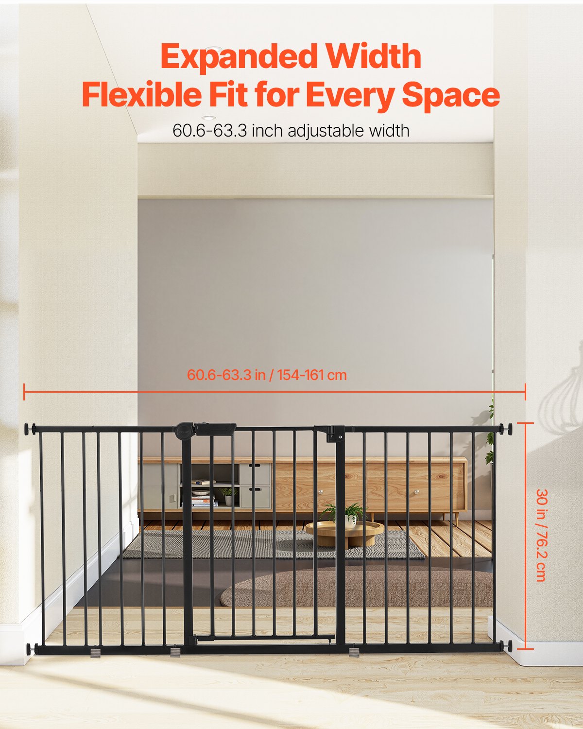 VEVOR Baby Gate, 60.6-63.3 Inches Adjustable Width, 30 Inches High Dog Gate, Easy Step Walk Thru, for Child Pet Security, Pressure Mount Kit, Wall Cups, One-Hand Open, for Stairs and Doorways, Black