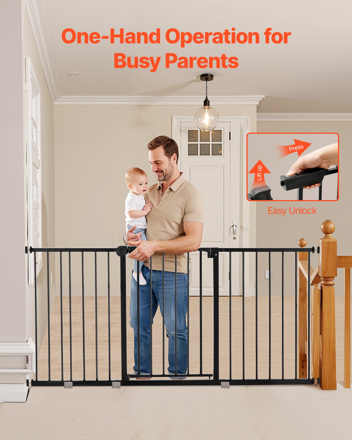 VEVOR Baby Gate, 60.6-63.3 Inches Adjustable Width, 30 Inches High Dog Gate, Easy Step Walk Thru, for Child Pet Security, Pressure Mount Kit, Wall Cups, One-Hand Open, for Stairs and Doorways, Black