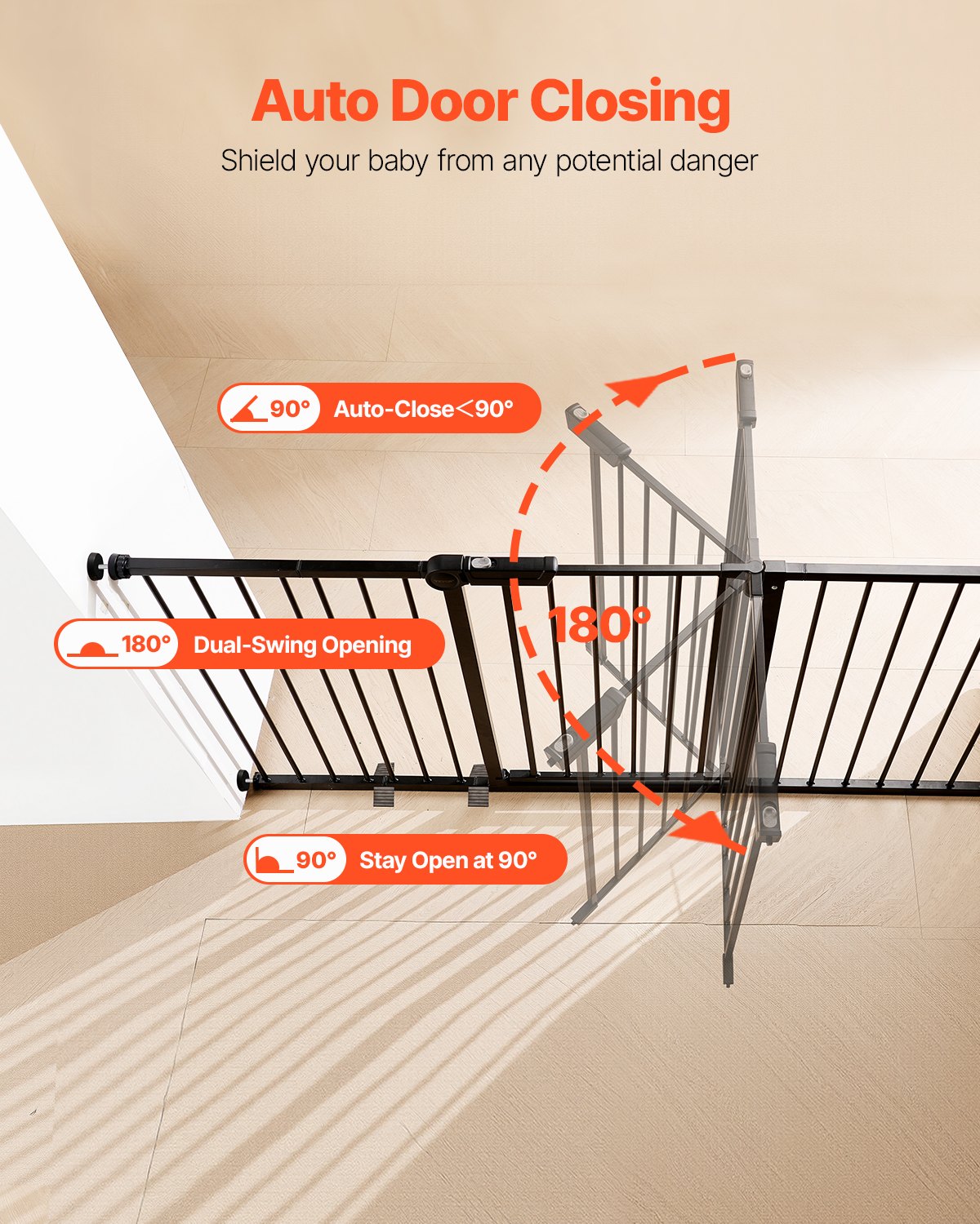 VEVOR Baby Gate, 60.6-63.3 Inches Adjustable Width, 30 Inches High Dog Gate, Easy Step Walk Thru, for Child Pet Security, Pressure Mount Kit, Wall Cups, One-Hand Open, for Stairs and Doorways, Black