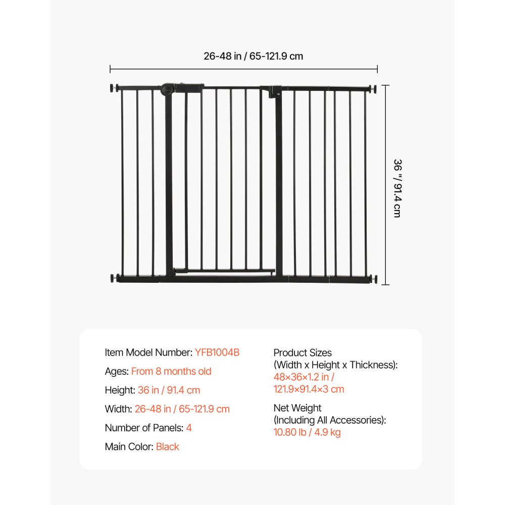 VEVOR Baby Gate, 26-48 Inches Adjustable Width, 36 Inches High Dog Gate, Easy Step Walk Thru, for Child Pet Security, Pressure Mount Kit, Wall Cups, One-Hand Open, for Stairs and Doorways, Black