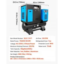 VEVOR Rotary Screw Air Compressor, 10HP 36CFM Air Compressor with 80 Gallon Tank & Refrigerated Dryer, Max 125PSI Rotary Screw Air-Compressed System for Industrial Manufacturing (230V 3-Phase Power)