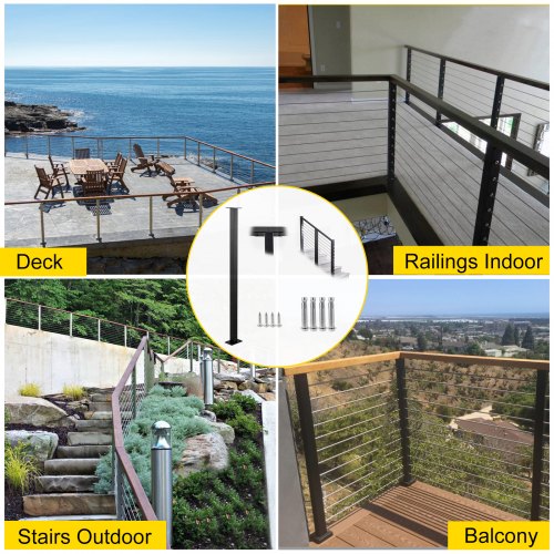 VEVOR Cable Rail Post Level Deck Stair Post 36 x 1.5 x 1.5" Cable Handrail Post Stainless Steel Brushed Finishing Deck Railing DIY Picket Without Hole Stair Railing Kit with Mount Bracket Black