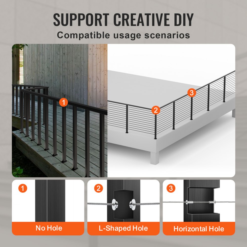 VEVOR Cable Railing Post, 36" x 1.5" x 1.5" Steel Level Deck Railing Post Without Holes, SUS304 Stainless Steel Cable Rail Post, Stair Handrail Post for DIY, 1-Pack, Black