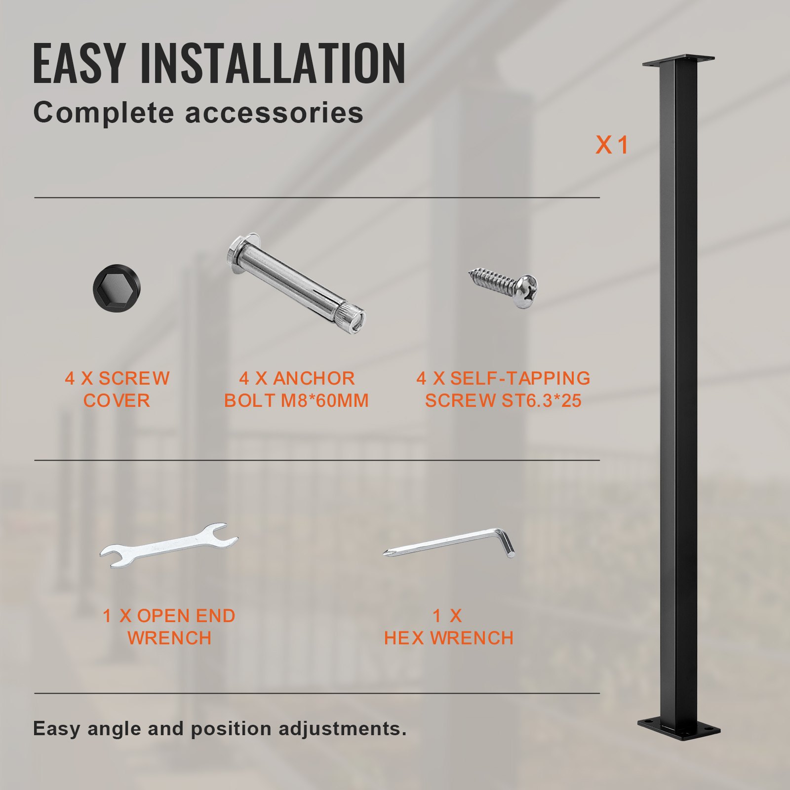 VEVOR Cable Railing Post, 36" x 1.5" x 1.5" Steel Level Deck Railing Post Without Holes, SUS304 Stainless Steel Cable Rail Post, Stair Handrail Post for DIY, 1-Pack, Black