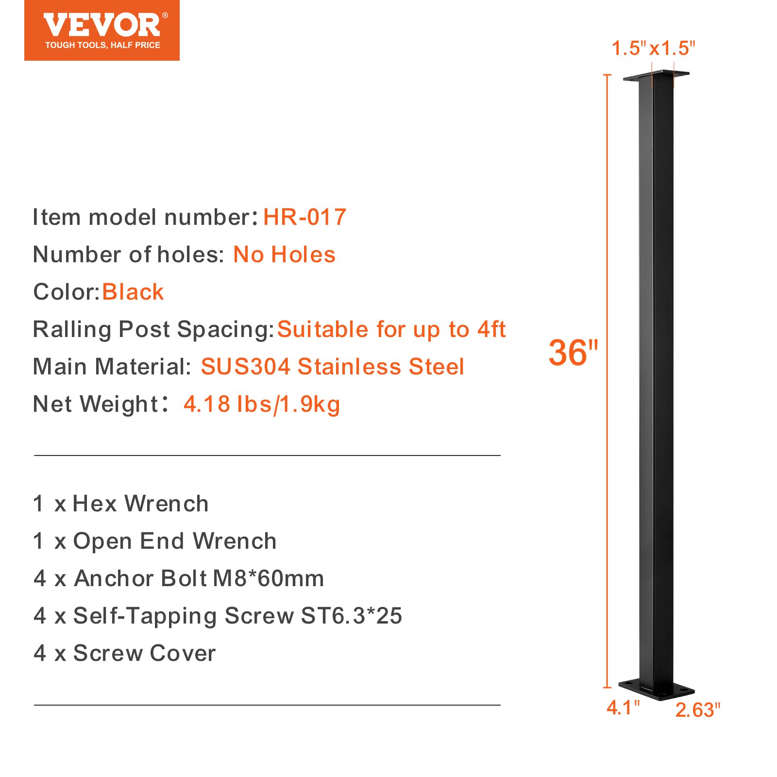 VEVOR Cable Railing Post, 36" x 1.5" x 1.5" Steel Level Deck Railing Post Without Holes, SUS304 Stainless Steel Cable Rail Post, Stair Handrail Post for DIY, 1-Pack, Black