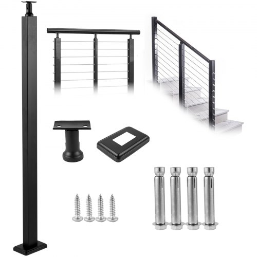 VEVOR Cable Rail Post Level Deck Stair Post 42 x 0.98 x 1.97" Cable Handrail Post Stainless Steel Brushed Finishing Deck Railing DIY Picket Without Hole Stair Railing Kit with Mount Bracket Black