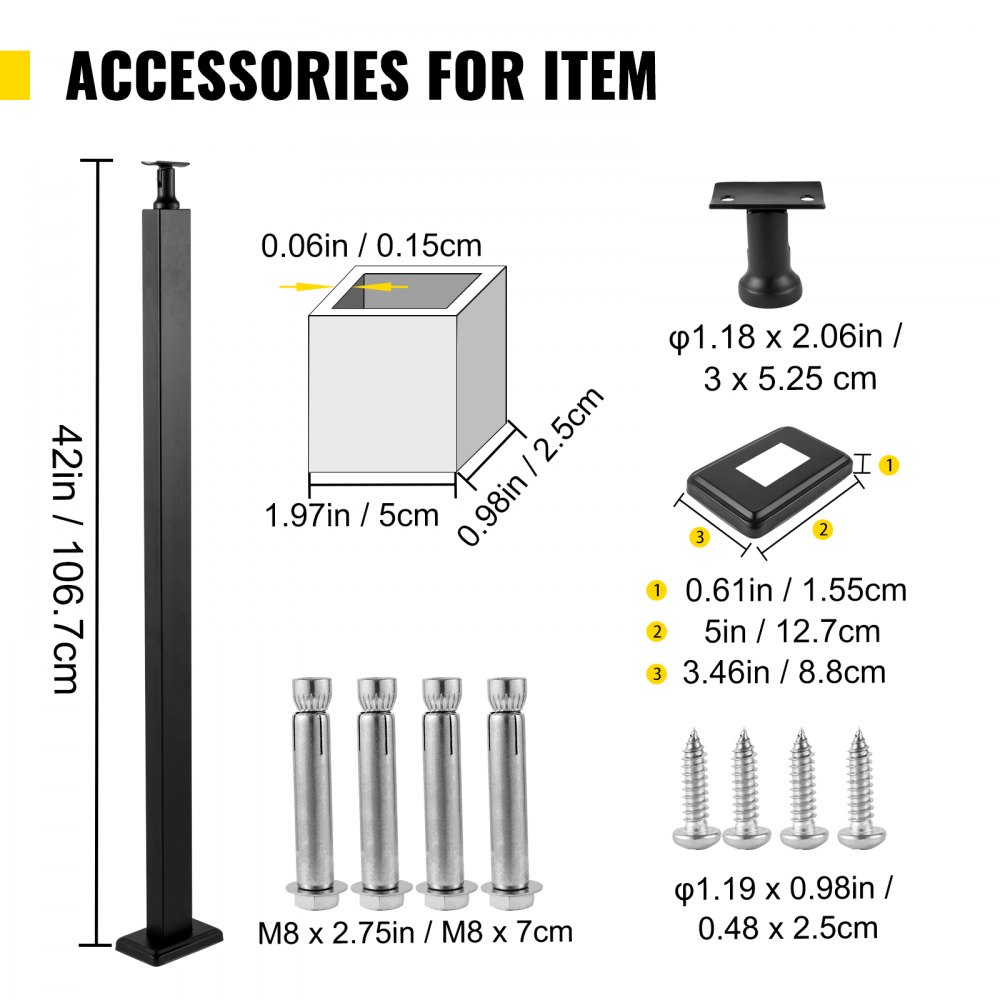 VEVOR Cable Rail Post Level Deck Stair Post 42 x 0.98 x 1.97" Cable Handrail Post Stainless Steel Brushed Finishing Deck Railing DIY Picket Without Hole Stair Railing Kit with Mount Bracket Black