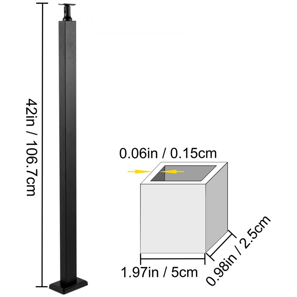 VEVOR Cable Rail Post Level Deck Stair Post 42 x 0.98 x 1.97" Cable Handrail Post Stainless Steel Brushed Finishing Deck Railing DIY Picket Without Hole Stair Railing Kit with Mount Bracket Black