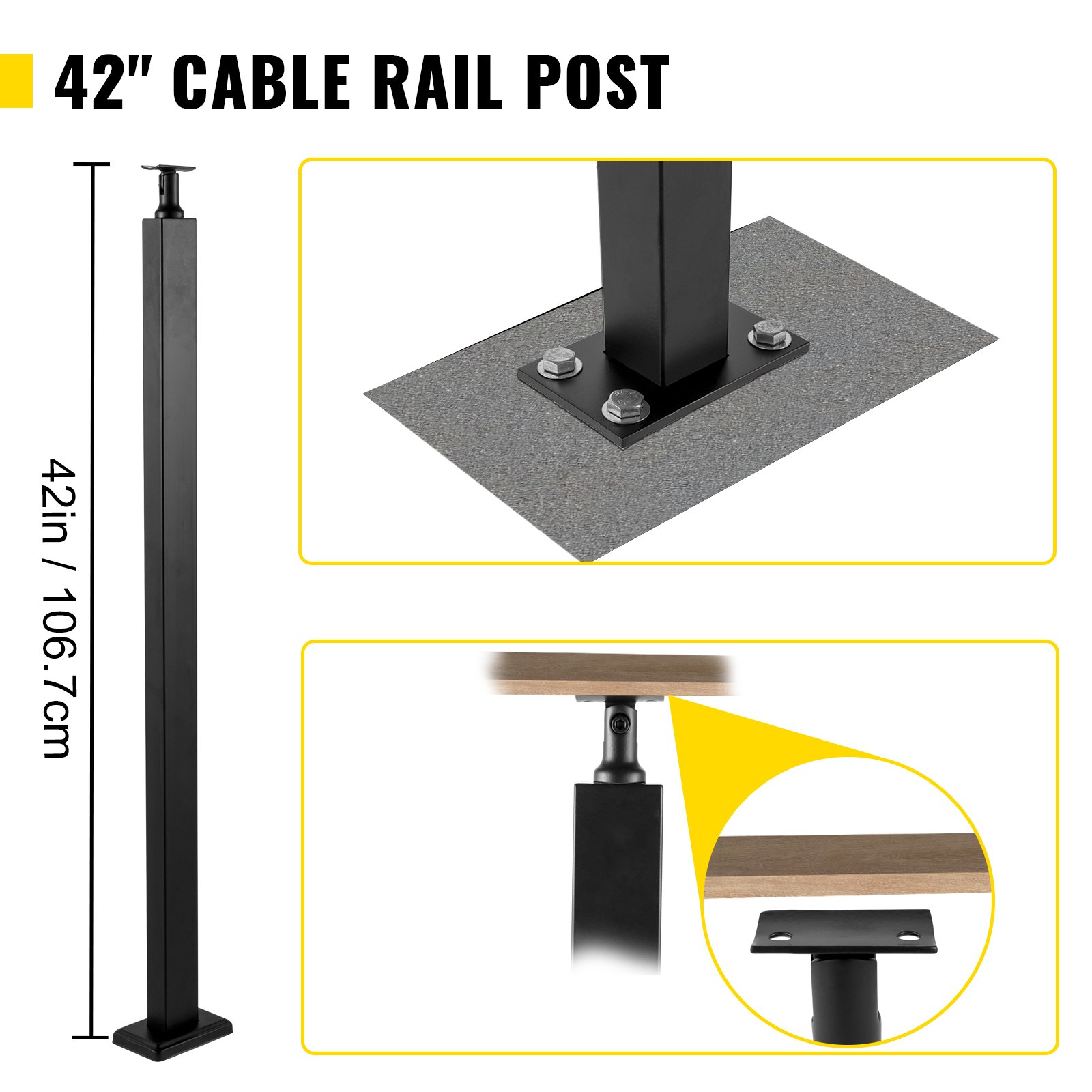 VEVOR Cable Rail Post Level Deck Stair Post 42 x 0.98 x 1.97" Cable Handrail Post Stainless Steel Brushed Finishing Deck Railing DIY Picket Without Hole Stair Railing Kit with Mount Bracket Black