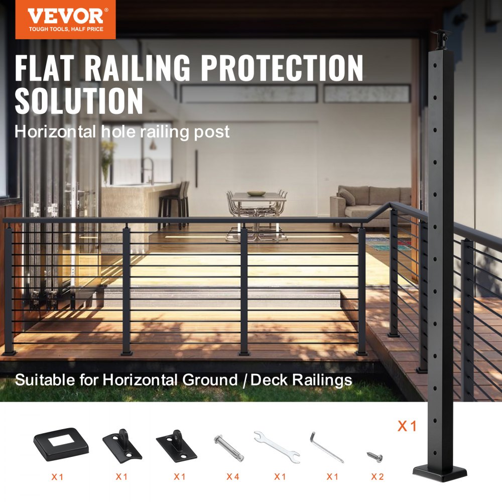 VEVOR Cable Railing Post, 42" x 1" x 2" Steel Horizontal Hole Deck Railing Post, 13 Pre-Drilled Holes, SUS304 Stainless Steel Cable Rail Post with Horizontal and Curved Bracket, LGZH106.72.55CQ93V0