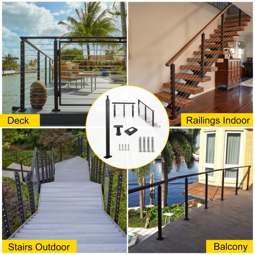 VEVOR Cable Rail Post Level Deck Stair Post 42 x 1.97 x 1.97" Cable Handrail Post Stainless Steel Brushed Finishing Deck Railing DIY Picket Without Hole Stair Railing Kit with Mount Bracket Black